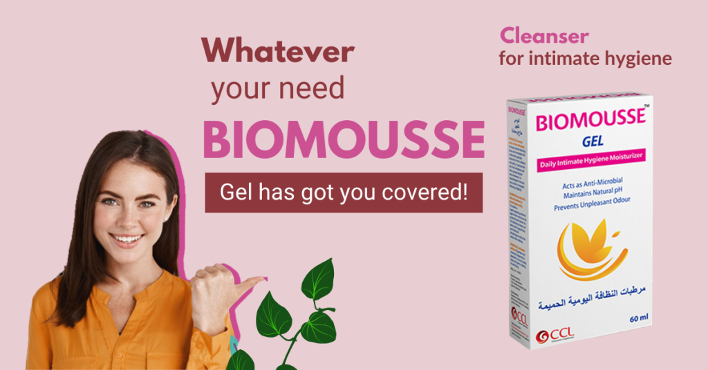 Biomousse Gel advertisement featuring a smiling woman pointing towards the product. Text highlights include 'Whatever your need, Biomousse Gel has got you covered!' and 'Cleanser for intimate hygiene.' The product packaging states it is a daily intimate hygiene moisturizer, acts as an anti-microbial, maintains natural pH, and prevents unpleasant odor. Keywords: Biomousse Gel, Biomousse Gel in pregnancy, Biomousse Gel use in Urdu, Biomousse Gel uses, Biomousse Gel price in Pakistan, Biomousse Gel side effects.