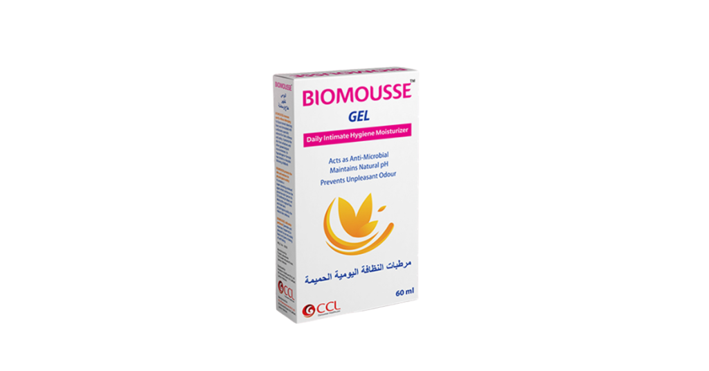 Biomousse Gel packaging for Daily Intimate Hygiene Moisturizer, featuring benefits like anti-microbial action, natural pH maintenance, and prevention of unpleasant odors. The product comes in a 60 ml box.