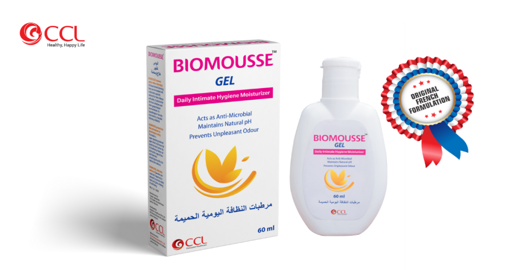 Biomousse Gel - Daily Intimate Hygiene Moisturizer product packaging with bottle and box. Highlights include anti-microbial action, maintaining natural pH, and preventing unpleasant odor, featuring 'Original French Formulation' badge.
